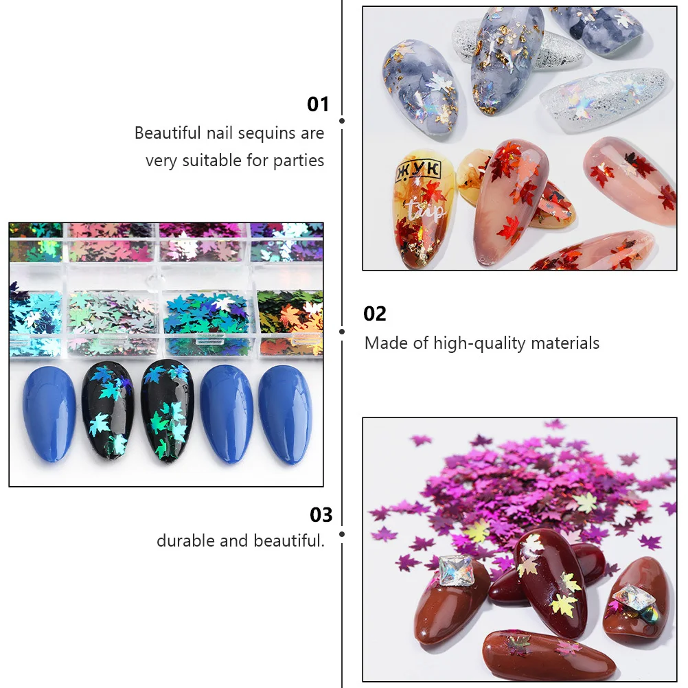 

2 коробки для дизайна ногтей, блестящие цветные кленовые листья, блестки, осенние блестки для дизайна ногтей, принадлежности для маникюра, золотые хлопья для ногтей