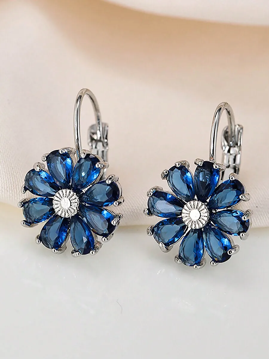 

Blue flower CZ zirconia hoop earrings for women girls daily party wedding use