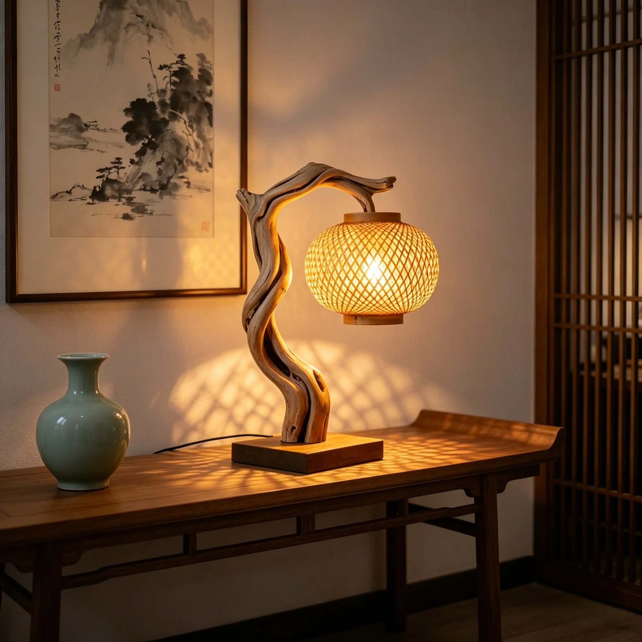 ！@Bulk Order Engraved Wood Branch Craft Lamp with Natural Rattan Shade H60cm Freestanding Table Lighting for Commercial Use