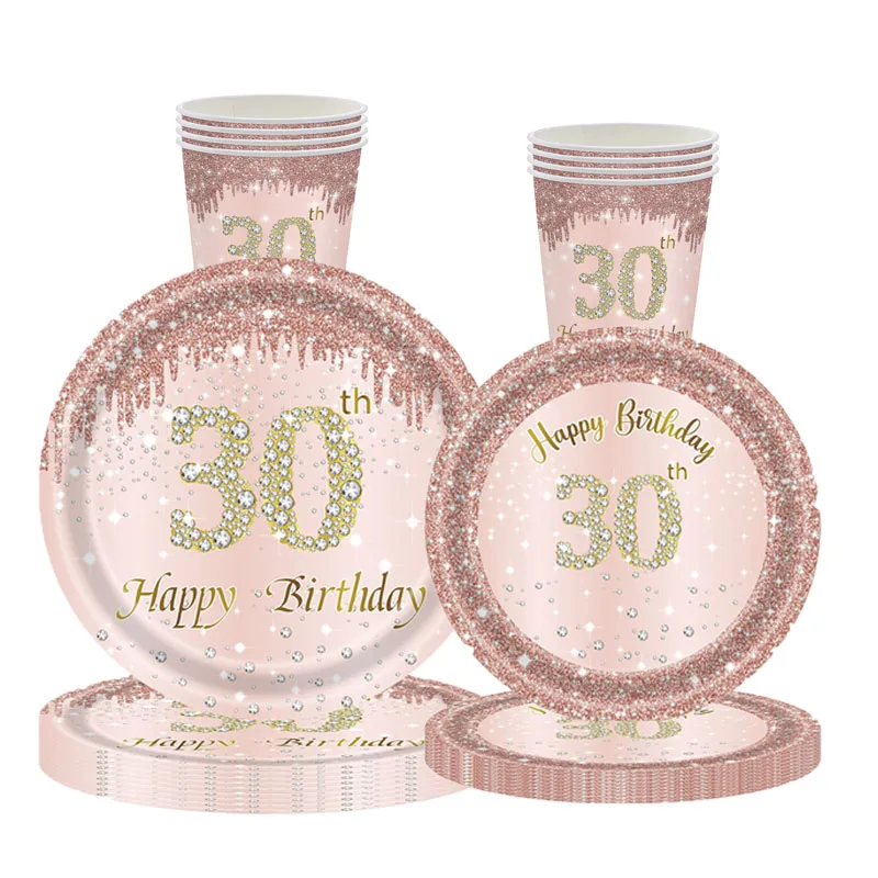 

8Guests Pink Rose Gold Disposable Tableware Cheer 30 Year Old Parti Plates Cups Queen Women Happy 30th Birthday Party Supplies