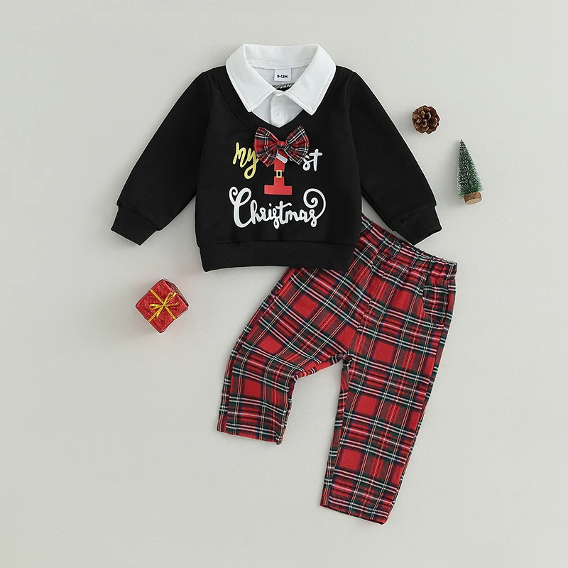 

Newest 3M-24M Baby 2 PCS hristmas Costume Long Sleeve Lapel Black Sweatshirt + Plaid Pants Set Toddler Warm Clothes