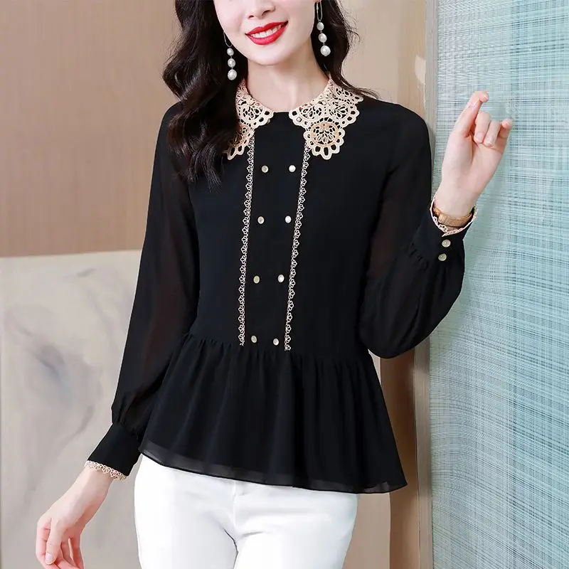 Elegant Lace Spliced Turn-down Collar Shirt Spring Autumn New Long Sleeve Female Clothing Fashion Solid Color Button Slim Blouse