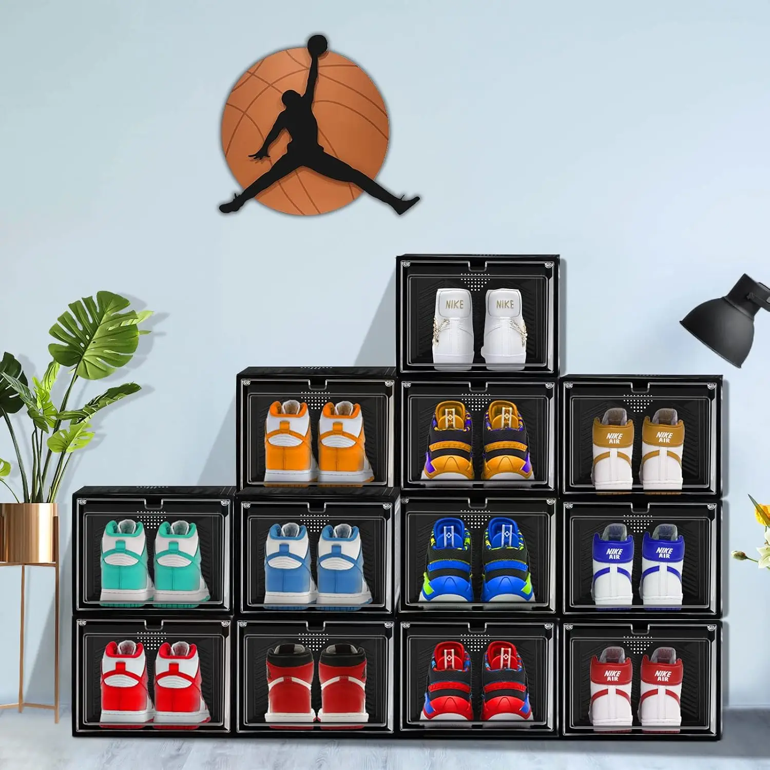 Clear Plastic Stackable Shoe Storage Box Drop Front Large Shoe Organizer for Closet 12 Pack, Customized