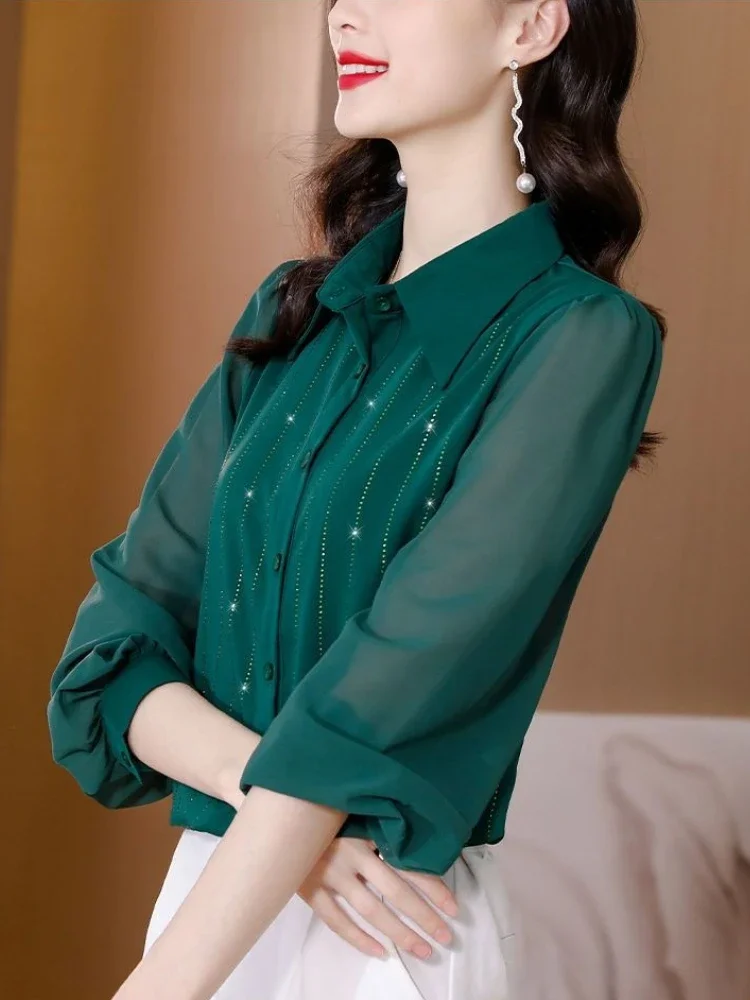 

Rhinestones Loose Shirts & Blouses for Women Youthful Elegant Clothing Sales Social New Collection 2025 Modern Long Woman Top