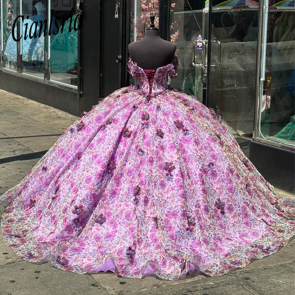 فساتين Quinceanera مطبوع عليها زهور بدون أكتاف vestidos de 15 quinceañer برباط ، فستان حلو 16