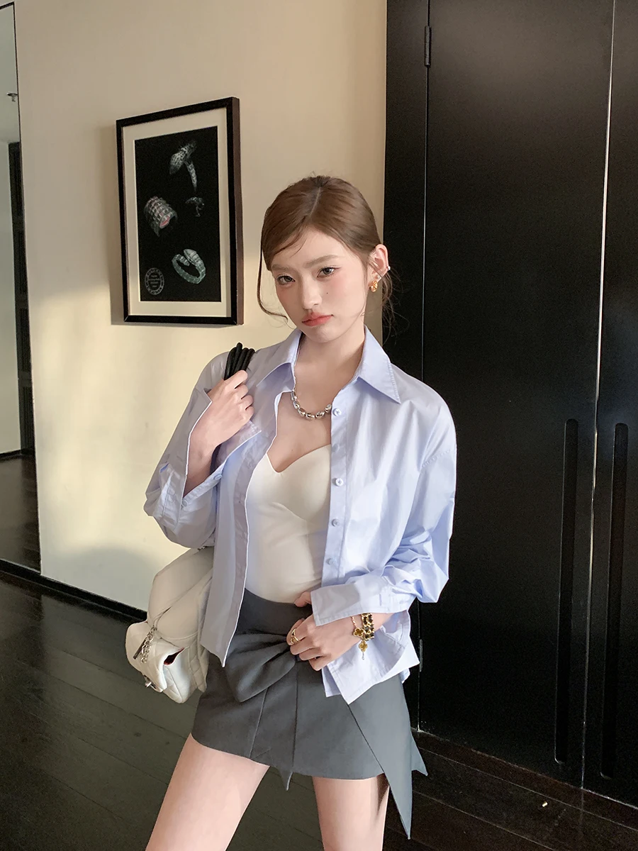 

Blue Loose Fit Summer Thin Sun Protection irt for Women Aviva on Earth lectual Sle Long Sve Button down Cotton irt