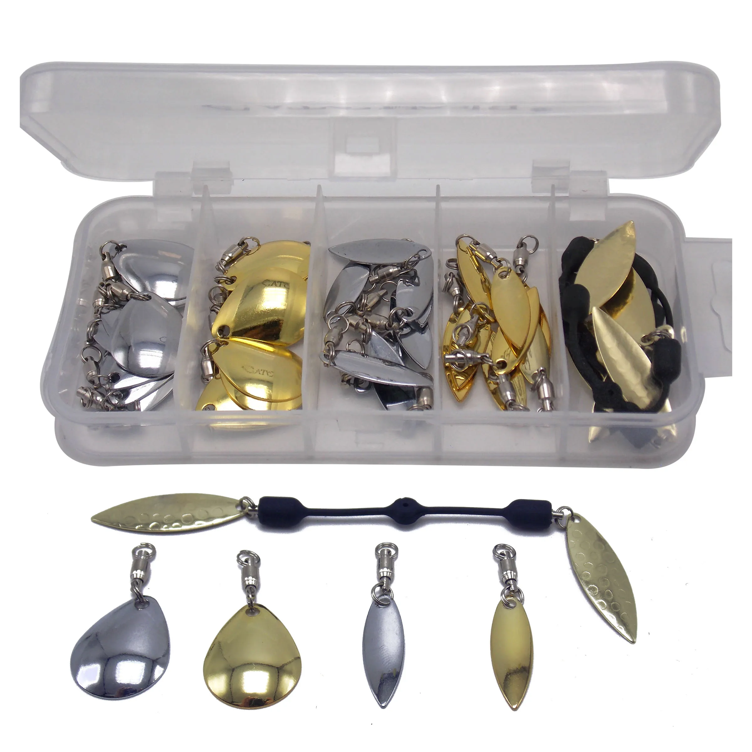 CATCHSIF 36pcs rotating link line and ball bearing swivels with willow and colorado blades fishing lures bait customization box