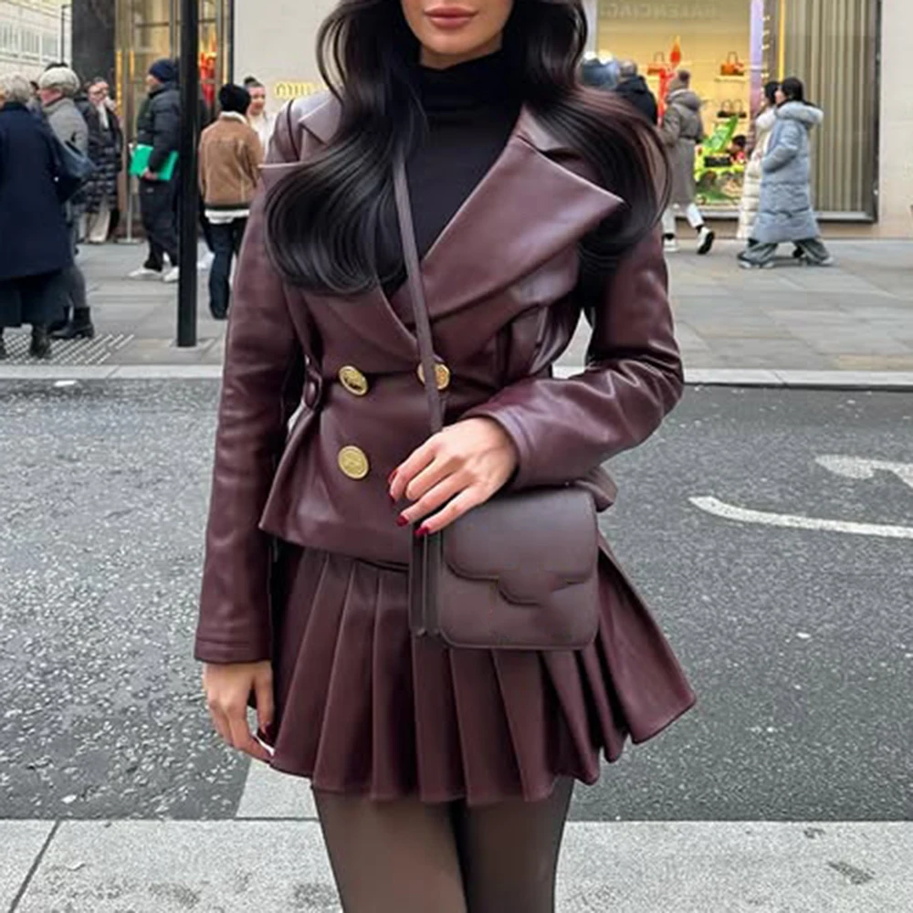 TWOTWINSTYLE Solid Two Piece Set for Women Lapel Long Sleeve Coat Hihg Waist Temperament Skirts Female Fashion New