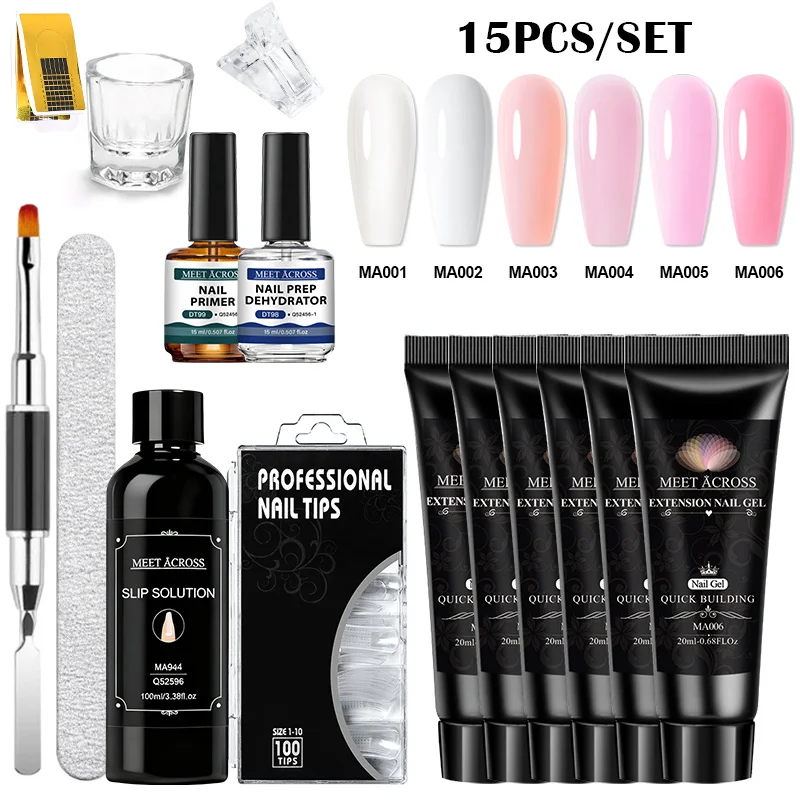 15pcs Extension Nail Gel Kit Pink Quick Building Complete Tools Crystal Clip Brush Form Set Manicure Prolong Tools Nail Supplies