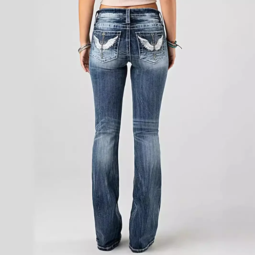 

Women Embroidery Pockets Distressed Jeans Mid Waist Stretch Slim Fit Pants Vintage Denim Trousers Autumn Female Streetwear