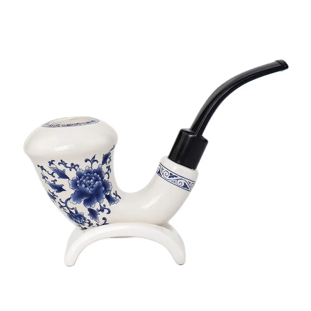 Chinese Style Ceramic Tobacco Pipe and Stand Set Cyan and White Ceramic Products