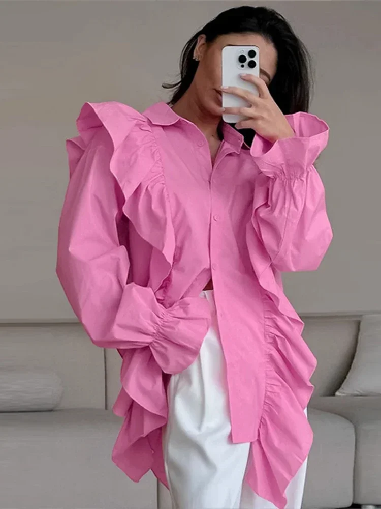 Ruffles Solid Women Shirt Pink Blue Lapel Female Top 2025 Elegant Fashion Single Breasted Flare Long Sleeve Lady Blouses