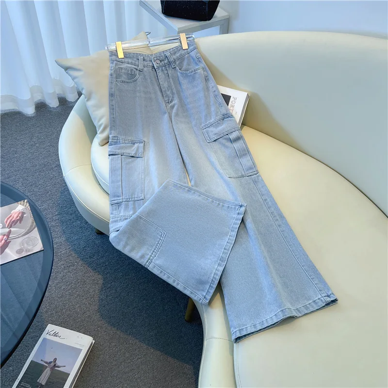 Lichtblauwe jeans met wijde pijpen voor dames Hoge taille Losse casual rechte cargo-denimbroek Lente herfst retro broek