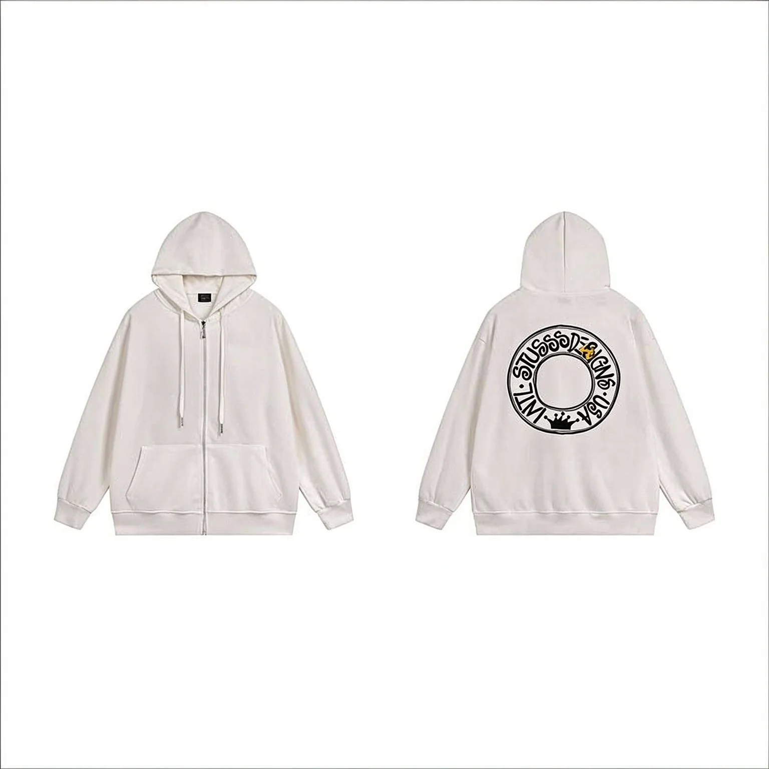 Oversized Zip Up Hoodie Men Women Vintage Arched Letter Print Hooded Jacket Casual Streetwear Fall Winter Sweatshirt