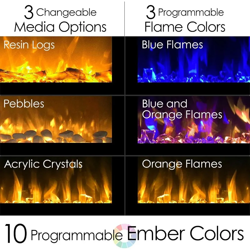 Lareira elétrica montada na parede de 60 polegadas - Aquecedor com chamas LED de 3 cores 10 opções de âmbar Brilho ajustável durável (preto)