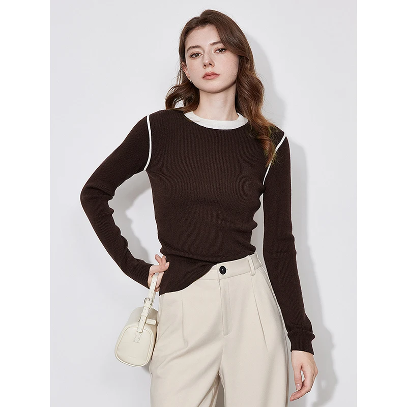 TOYOUTH Women Knitted Sweater 2024 Autumn and Winter New Fake Two Piece Contrasting Color Round Neck Slim Fit Pullover Tops