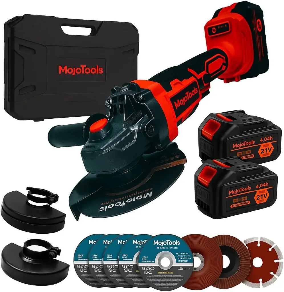 

Комплект бесщеточной угловой шлифовальной машины 21 В, 4,5 дюйма, 9000 об/мин, аккумуляторы 2x4,0 Ач, быстрое зарядное устройство, 8 дисков, двойная защита, боковая ручка, гаечный ключ