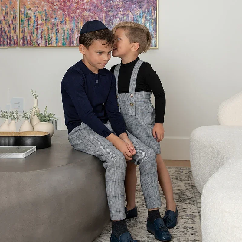 Ap Navy Collectie Herfst Meisjes Zijden Satijnen Jurk Familie Bijpassende Kleding Jongens Geruit Broek Overall Baby Romper Polo Trui, #7701