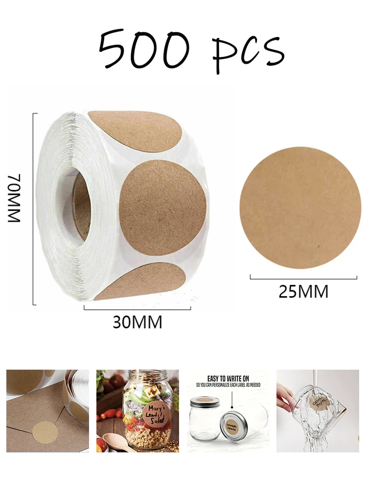 500PCs/Roll Kraft Round Stickers Self-adhesive Label Paper Sticker Classification Name Personalized Labels Thank You Stickers