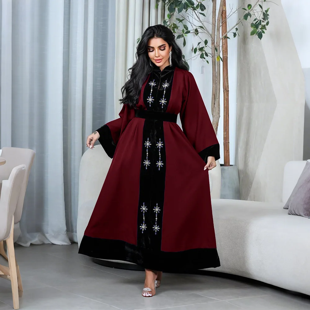 

2026 New Velvet Satin Rhinestone Sequin Patchwork Long Robe Women Fashionable Versatile Elegant Design