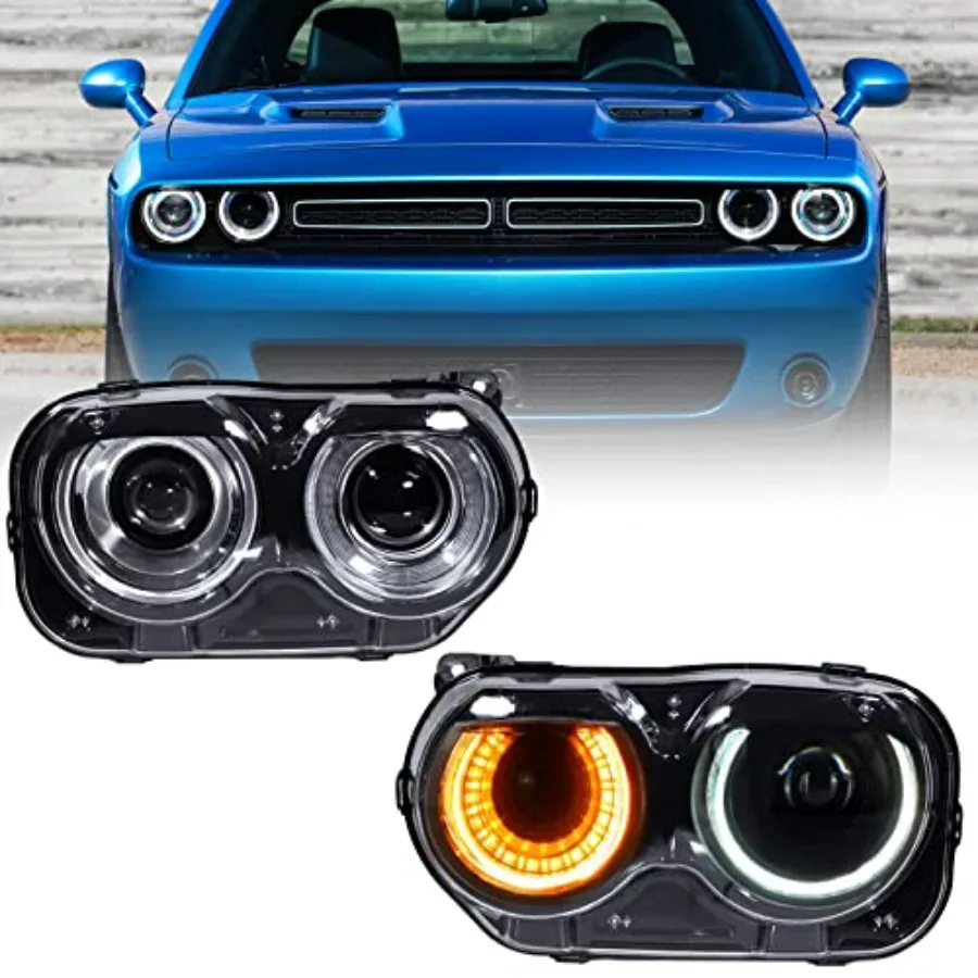 

For Dodge Challenger Headlight Assembly 2015 2016 2017 2018 2019 2020 2021 Black Housing Halogen Headlamps Replaceable Left Driv