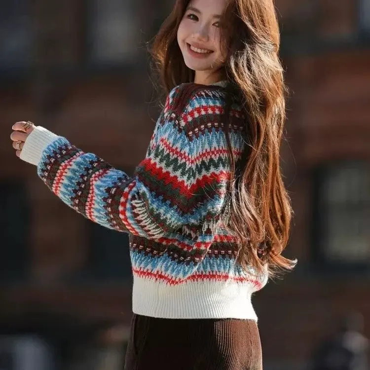 

Mimifa Cisas Knitted Sweater 00% Wool Fair Isle Knit Cisas Pattern Casual Loose Fit Long Sve Warm Thermal