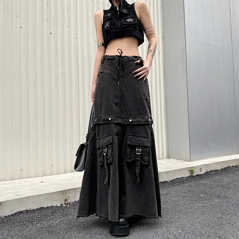 

2025 Spring Women Vintage Baggy Streetwear Denim Skirt Grunge 00S High Waist Y2K High Street Basic A-Line Lady Pockets Skirt