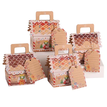 4/8 Stück Weihnachts-Süßigkeits-Geschenkboxen aus Kraftpapier, Lebkuchenhausform, Kekse, Geschenkverpackungsbeutel mit Etikett für Weihnachtsfeier, Heimdekoration