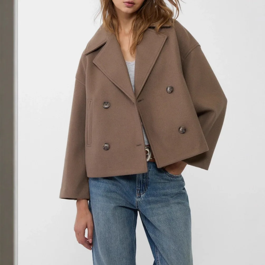 2026 Autumn New Fashionable Commuting Collar Double Row Buckle Short Woolen Coat for Women