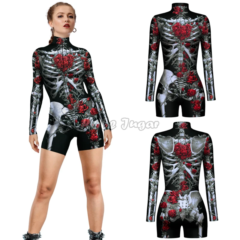 Macacão punk robô sexy slim para mulheres, manga longa, impressão assustadora, bodysuit esqueleto, fantasias cosplay, festa de Halloween