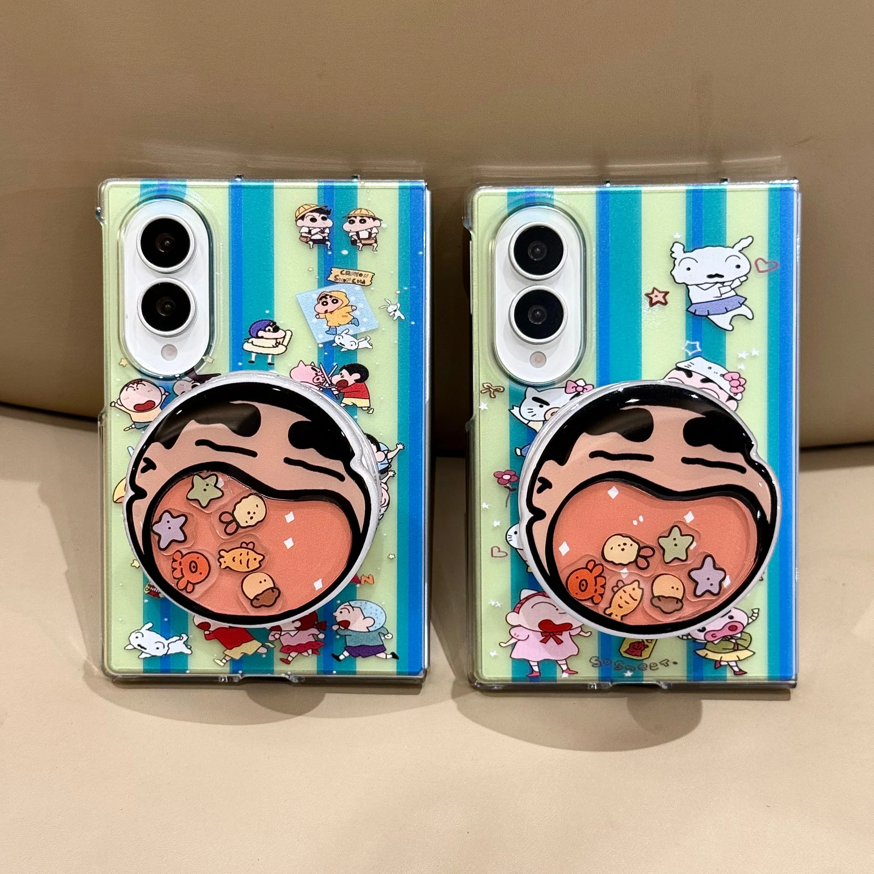 Cute Stripe Cartoon Character Print Phone Case With Stand Beaded Hand Chain Case For Samsung Galaxy Z Fold 8 7 6 5 4 Fold 8Ultra
