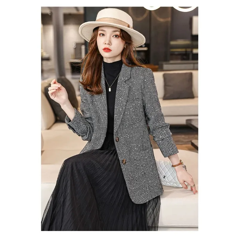 UNXX British Style Herringbone Texture Tweed Blazer Coat Retro Casual Solid Color Single-breasted Tweed Jackets Women Clothing