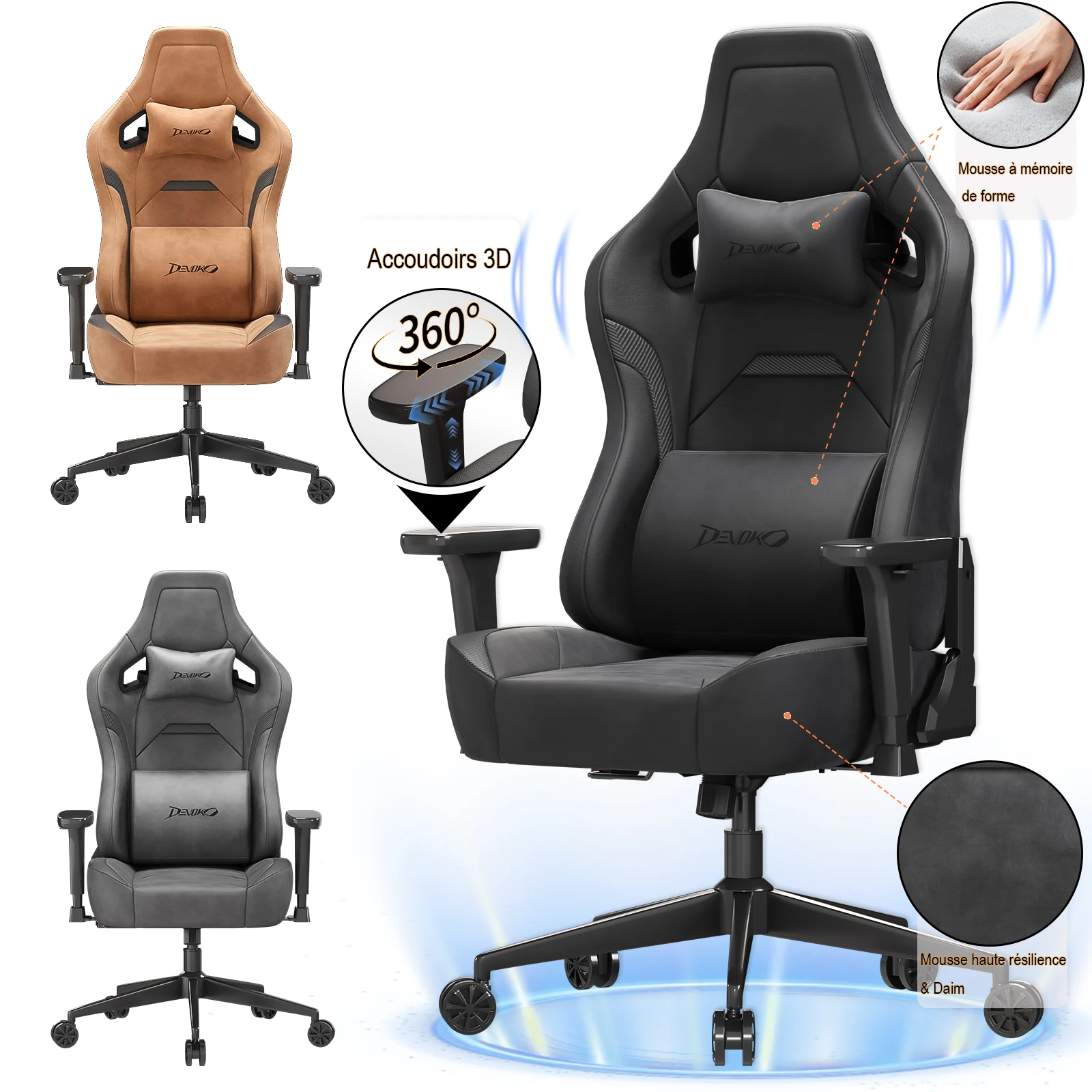 Chaise de jeu HOMALL, chaise de bureau ergonomique confortable et solide, avec coussins lombaires réglables, coussins et accoudoirs 3D