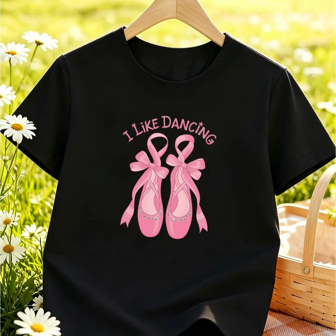 Ballet Shoes Dancing Slogan Print Short Sleeve Crew Neck Women Tee Soft Elegant Daily Casual Simple Stylish Women Aesthetic Tee