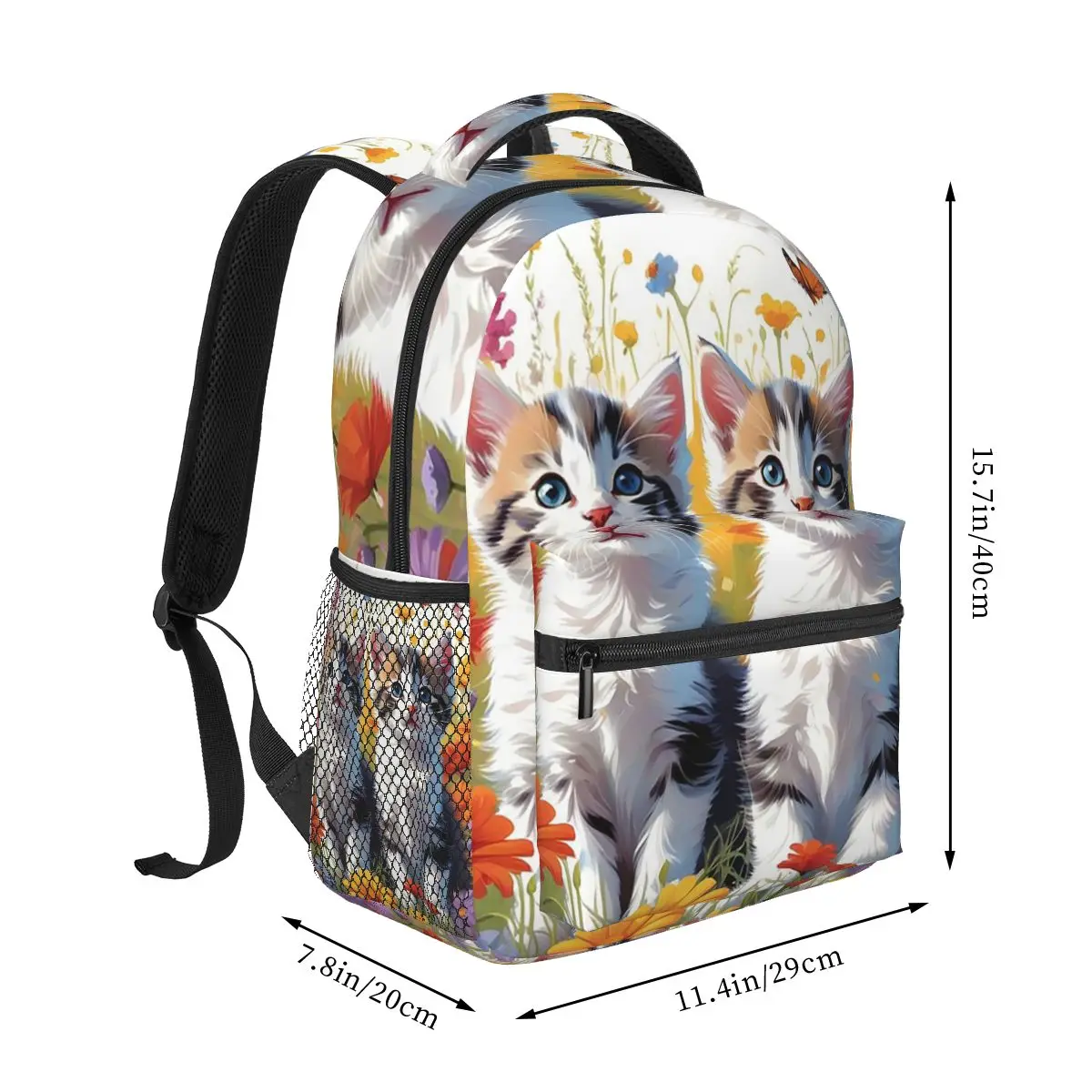Theme Of Cute Kittens Butterflies And Flowers Student Backpack School Bag Hiking Travel Daypack for Unisex Bookbag Shoulder Bags