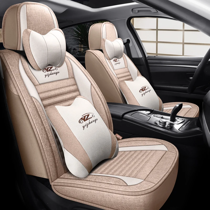 (Luxury Edition) Single Front Seat, Equipped with 1 Comfortable Headrest and 1 Soft Lumbar Support, Luxurious Linen Full-Cover Car Seat Cover, Universal, Comfortable, Breathable, Wear-Resistant, Suitable for All Seasons, 3D Design and Wing-Shaped Support, Both Fitting the Seat and Enhancing Your Driving Experience, Suitable for Various Models Such as Sedans, Suvs, Trucks