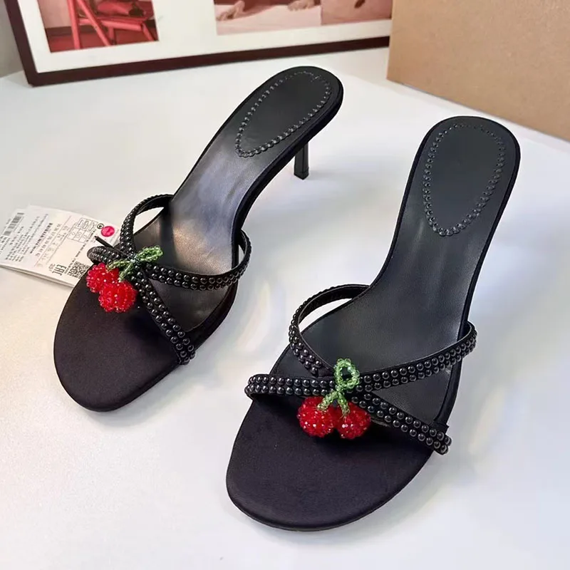 TRAF Cherry Decorate Black High Heel Slippers Women Round Head Open Toe Slingback Stilettos Sweet Pump Sandals Shoe For Woman