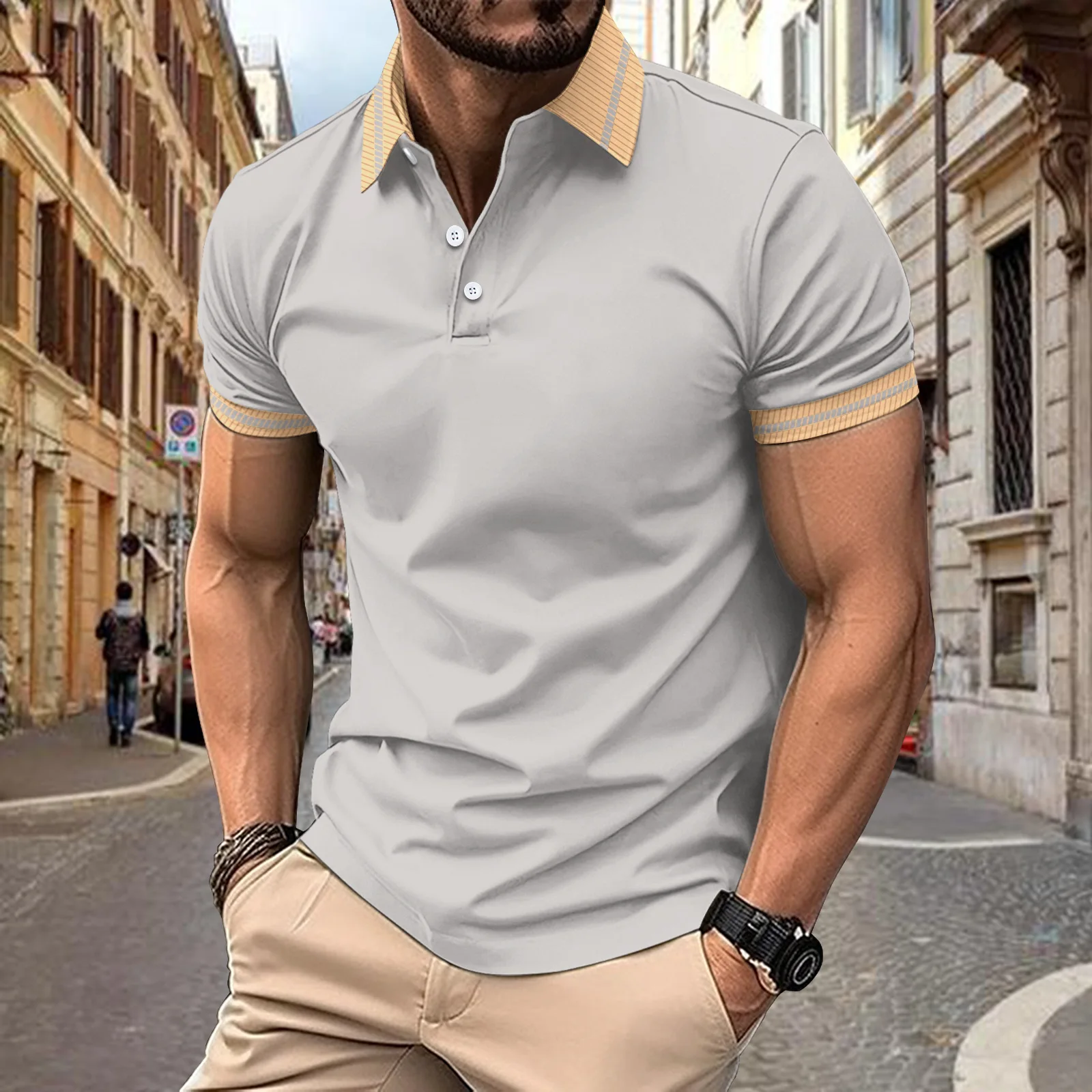 Camicia POLO Amazon estiva europea e americana da uomo con bottoni abbinati ai colori, polo sportiva da uomo con risvolto