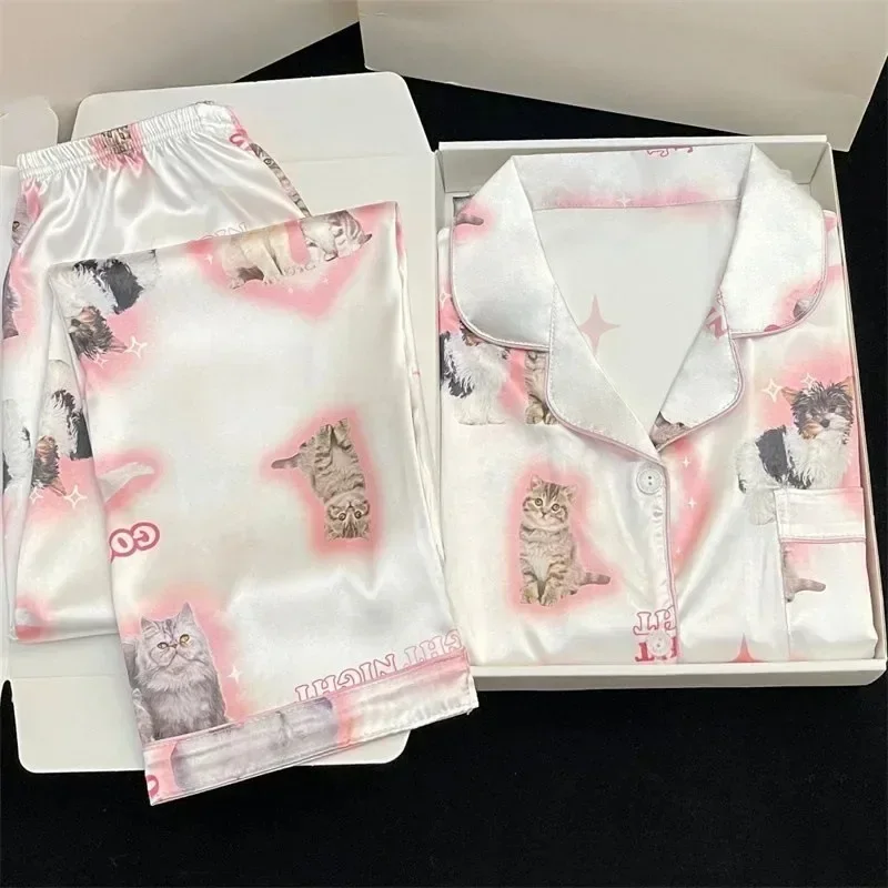 Kawaii Youth Girl's Pjs Satin Homewear Long Short Fashion Pyjama Cute Cat Print Summer New Thin Pajamas for Women Silk Home Set