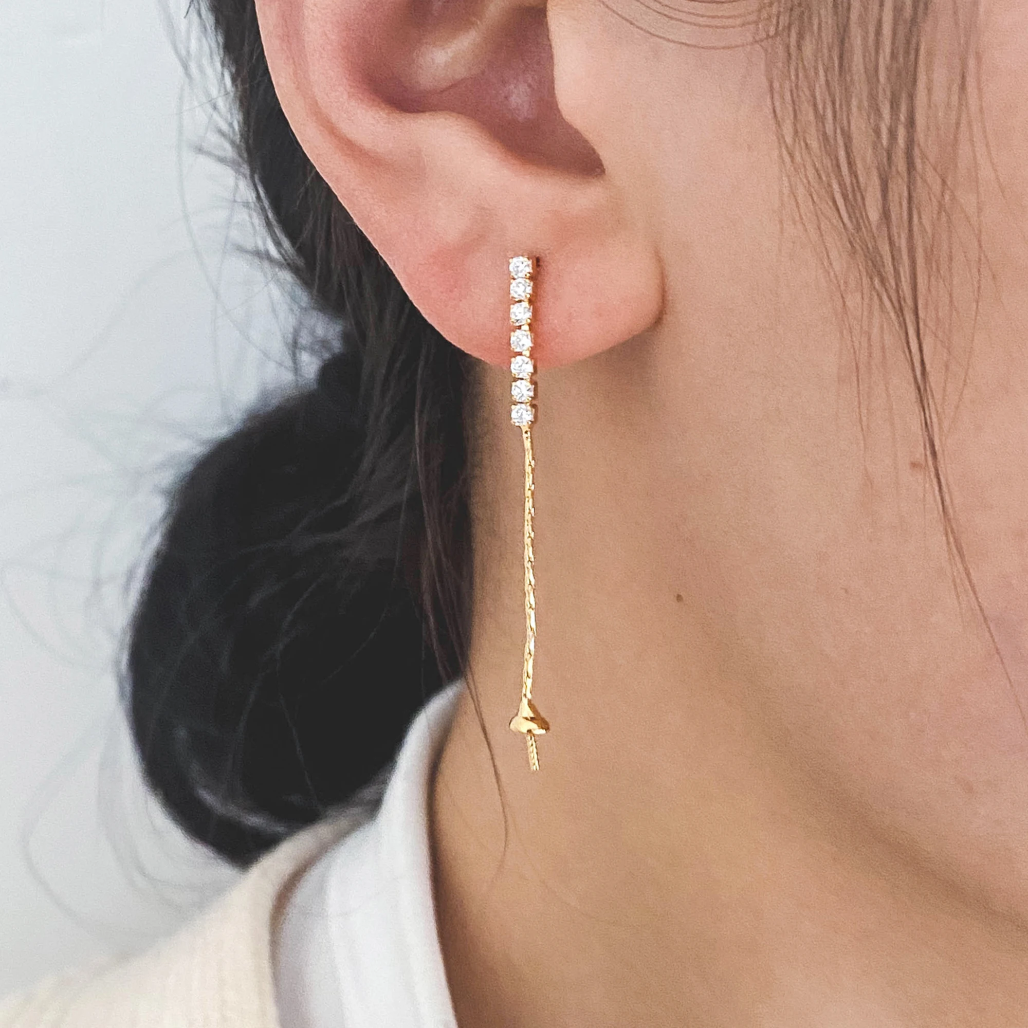 

4pcs CZ Paved Gold/ Silver Chain Earring Stud, Pearl Peg Earring Mounts, Chain Stud Earrings with Peg (#GB-2983)