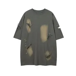 Fashion Men Oversized Vintage Ripped Hole Short Sleeve T Shirt Hip Hop Y2K Mens 100% Cotton O Collared Couple Techwear T Shirts