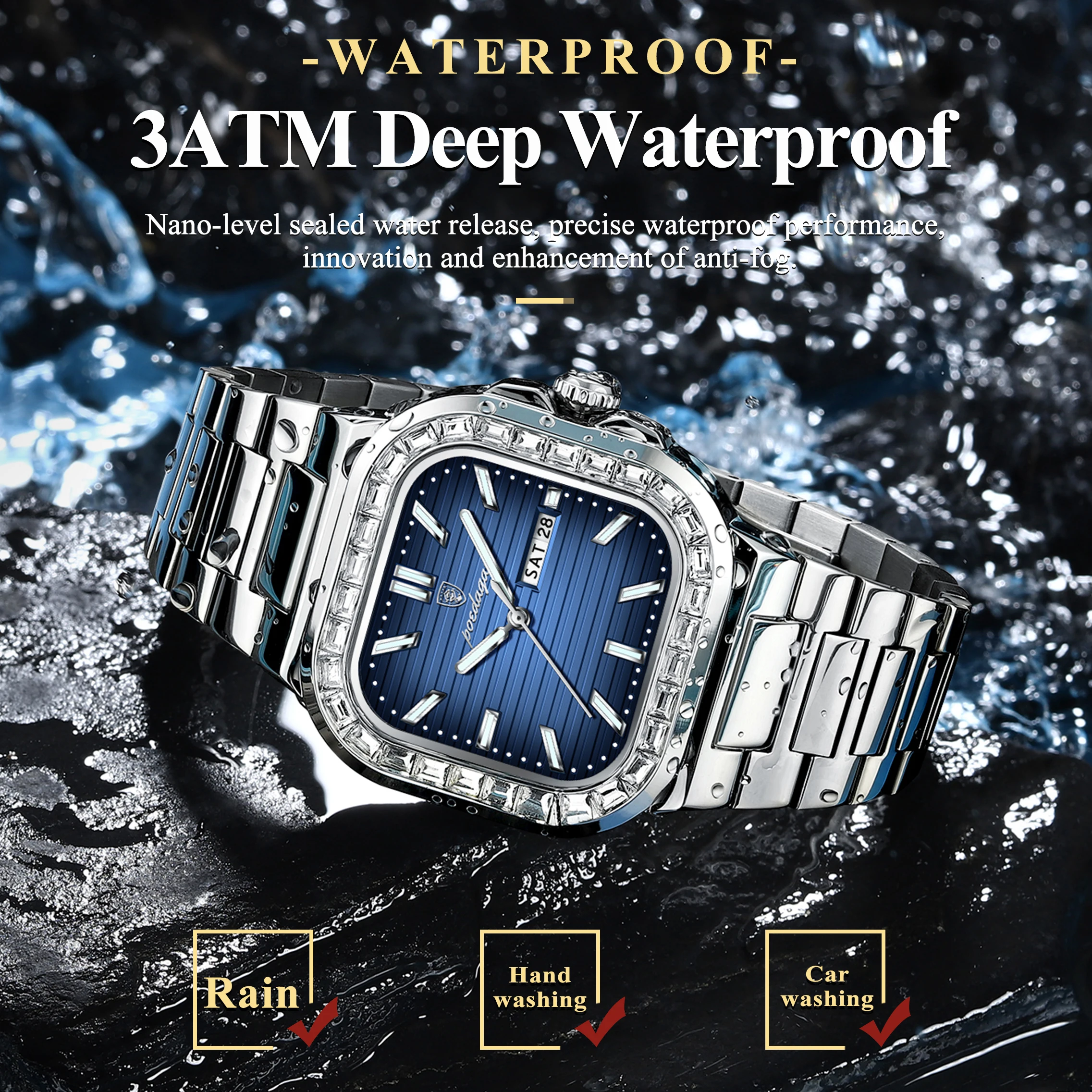 Poedagar moda quadrado relógio masculino data semana à prova dwaterproof água luminosa homem relógio de luxo quartzo aço inoxidável relógios esportivos para homem