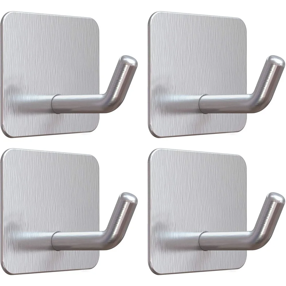 4PCS Stainless Steel Wall Mounted Self-Adhesive Hook Heavy Duty for Towel Key Jacket Bag Kitchen Bathroom Entryway