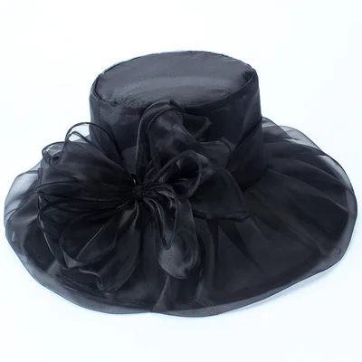 1Pc Elegant Flower Lady Hat Summer Organza Wide Brim Sunscreen Kentucky Derby Hats For Women Church Wedding Beach Sun Cap