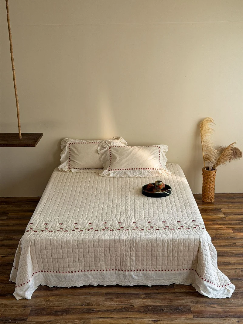 Vintage French Lace Bedspread Set 3PC - Cotton Linen Blend Quilt 1PC, Reversible Lightweight Coverlet, Multi-purpose Bed Blanket