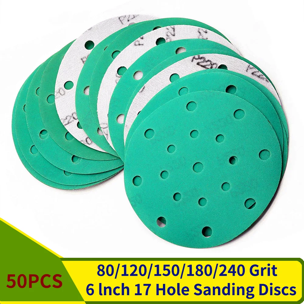 50PCS 6 Inch 17 Hole Sanding Discs Heavy Duty Hook & Loop Film Discs 80/120/150/180/240 Grit Wet Dry Sandpaper for Auto Car