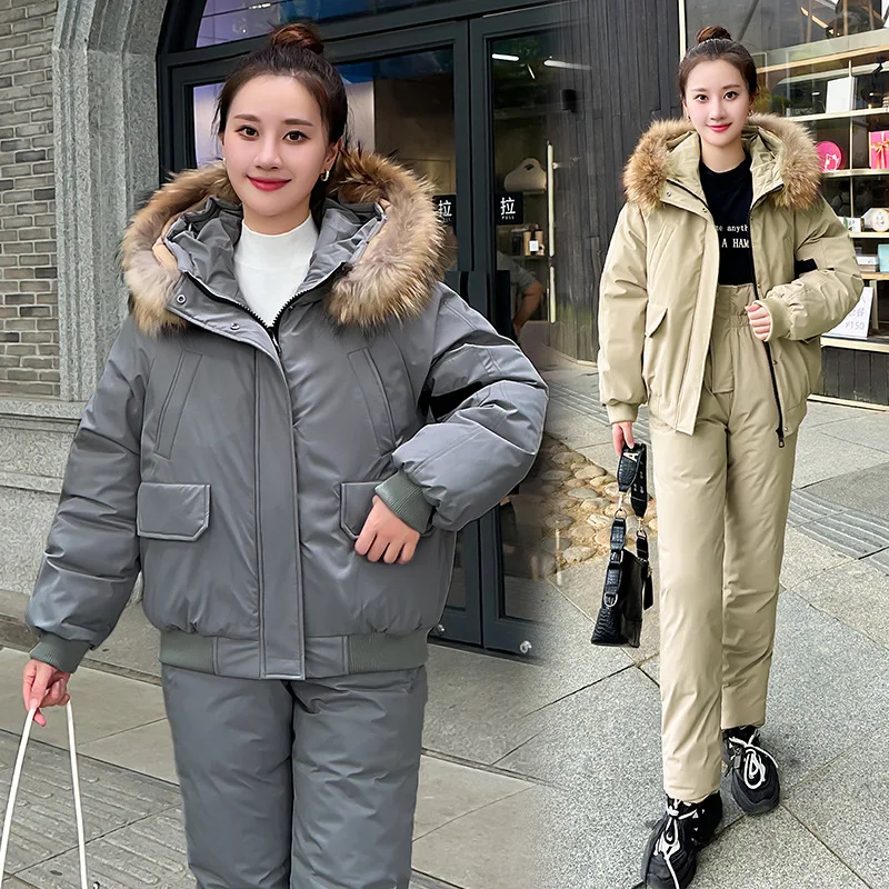 Winter Thicken Parkas 2 Piece Sets Women Warm Faux Fur Collar Hooded Jackets Suits High Waist Down Cotton Cargo Pants Outfits