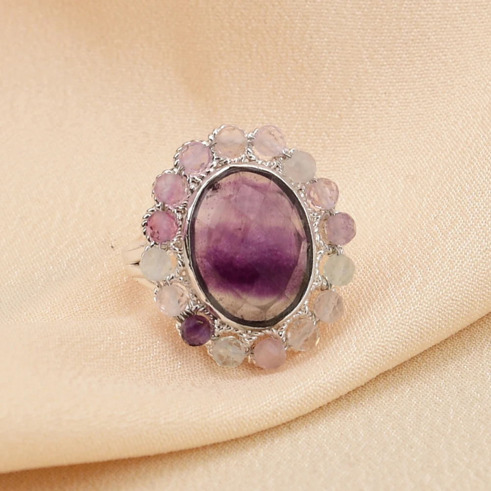 GG Natural Purple Fluorite Stone Silver Color Plated Metal Rings Adjustable For Women