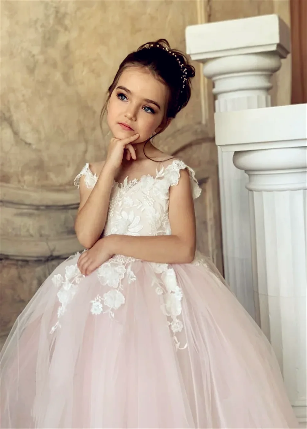 

Tulle Nude Neck Floor Sweeping Lace Applique Flower Girl Dress Cute Wedding Bridesmaid Birthday GIft Celebration Eucharist