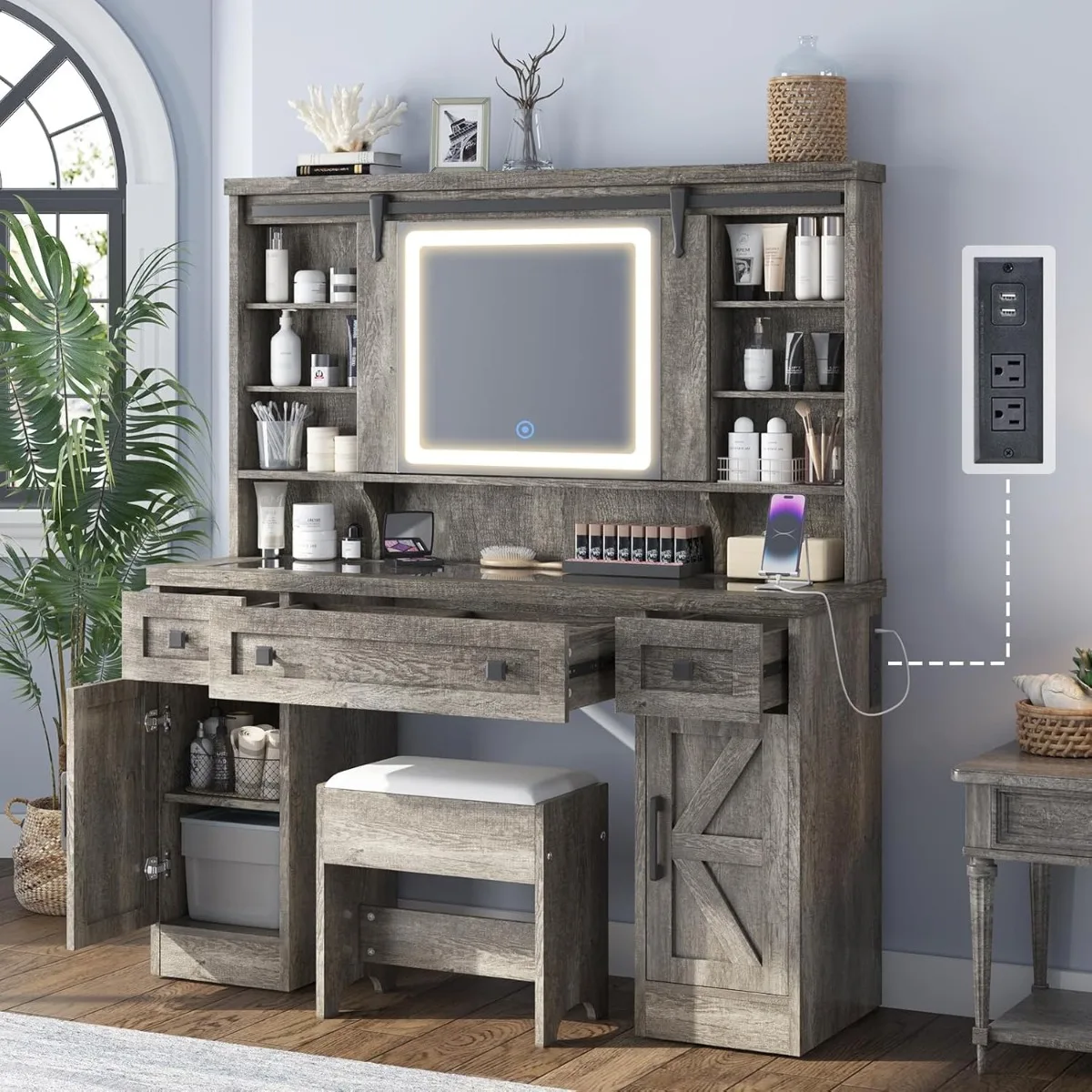 

AMERLIFE Farmhouse 47.2" Makeup Vanity Desk with Charging Station, Vanity Set with Stool & Sliding Mirror & 3 Brightness Lights